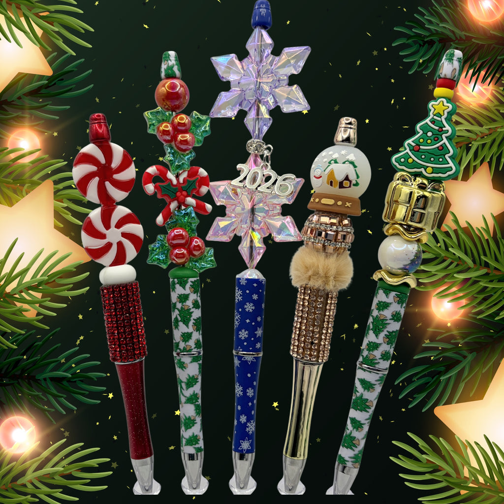 Christmas Beaded Pen Collection – Candy, Holly, Snowflake, Snow Globe & Christmas Tree Pens