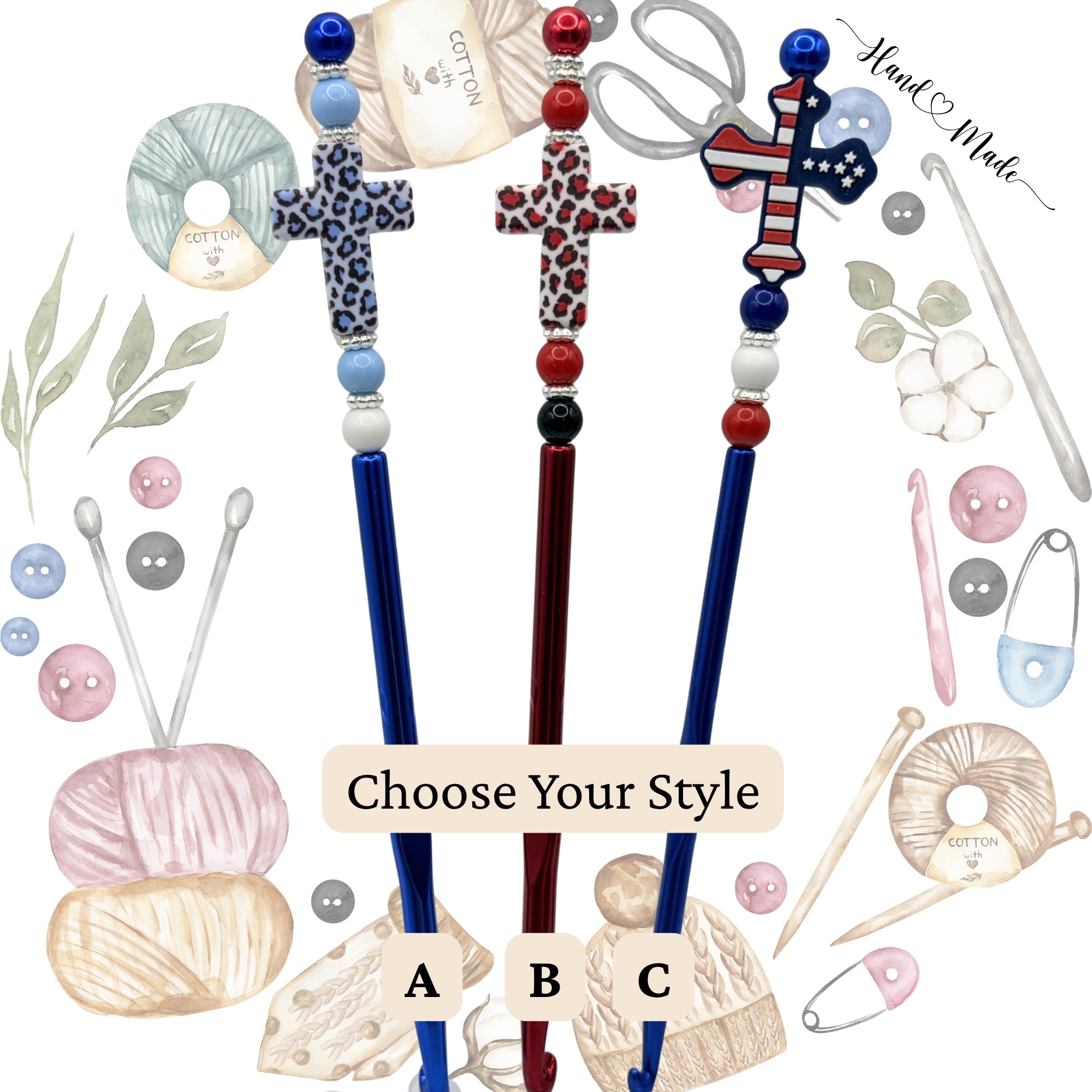 Faith & Freedom Beaded Crochet Hooks | Cross & Patriotic Designs