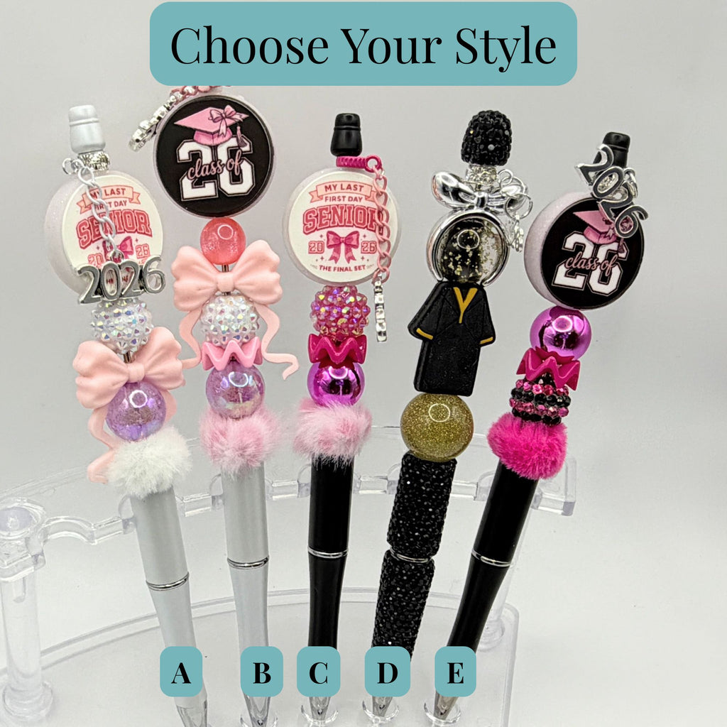 Class of 2026 Graduation Beaded Pens – Pink & Black Senior Pens – Choose Your Style A–E – Handmade Graduation Gifts