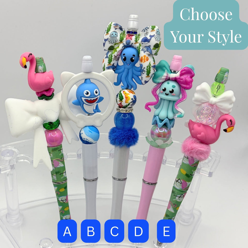 Beach Animal Beaded Pens – Ocean & Summer Theme Pens | Flamingo, Turtle, Jellyfish & More | Choose Your Style A–I