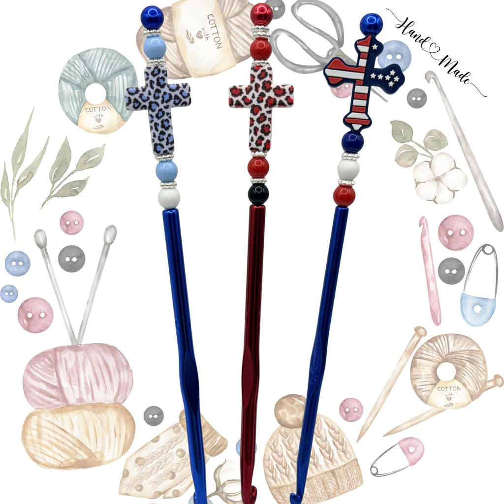 Faith & Freedom Beaded Crochet Hooks | Cross & Patriotic Designs