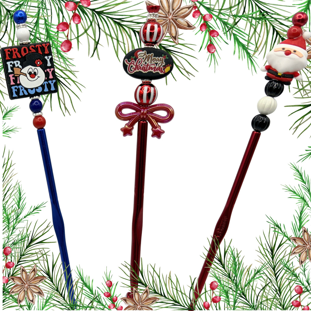 Christmas Beaded Crochet Hooks | Frosty, Merry Christmas & Santa | Handmade Crochet Gifts
