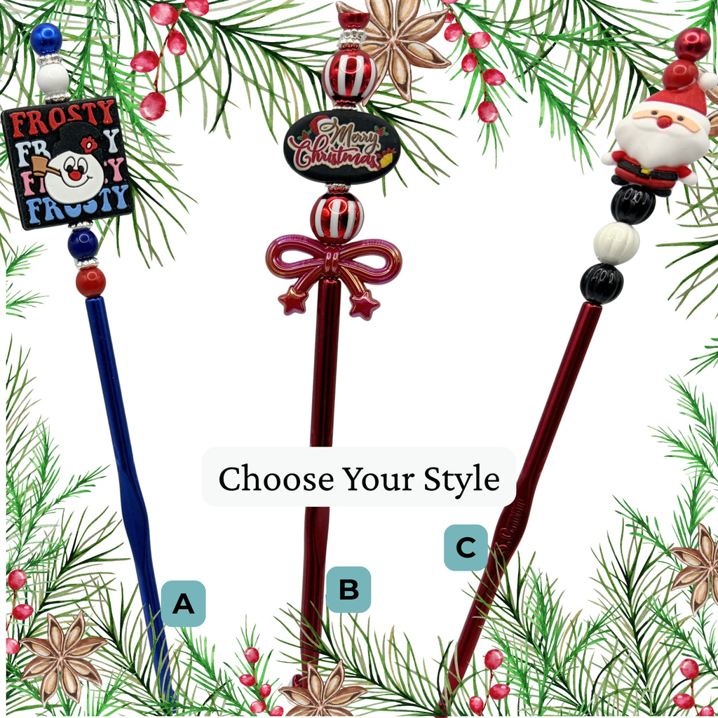Christmas Beaded Crochet Hooks | Frosty, Merry Christmas & Santa | Handmade Crochet Gifts