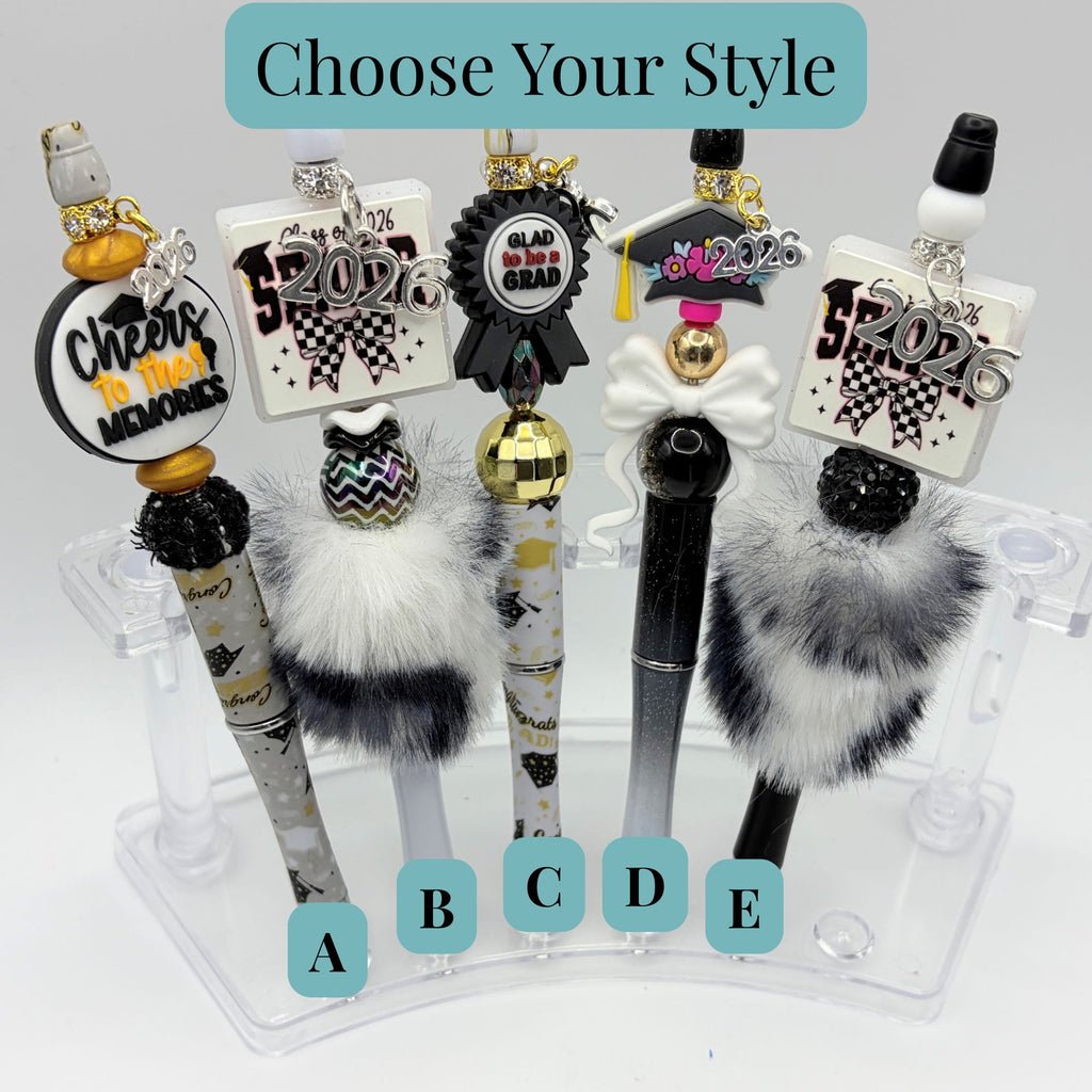 2026 Graduation Beaded Pens – Faux Fur Puff Pens – Choose Your Style A–E – Senior Gift Pens – Graduation Keepsake