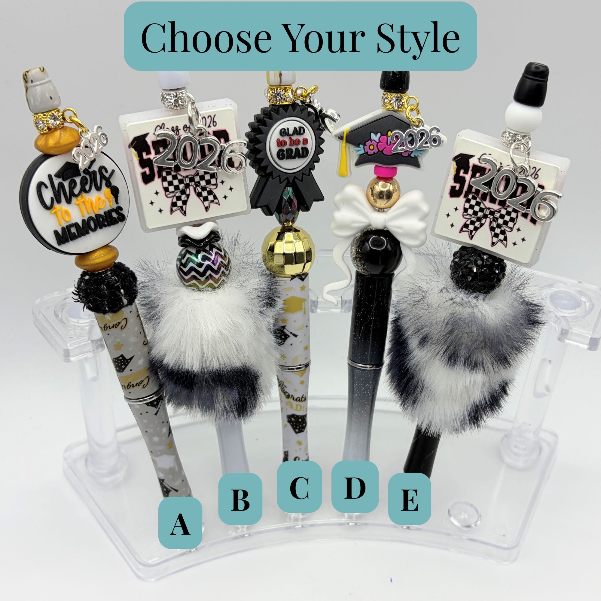 2026 Graduation Beaded Pens – Faux Fur Puff Pens – Choose Your Style A–E – Senior Gift Pens – Graduation Keepsake