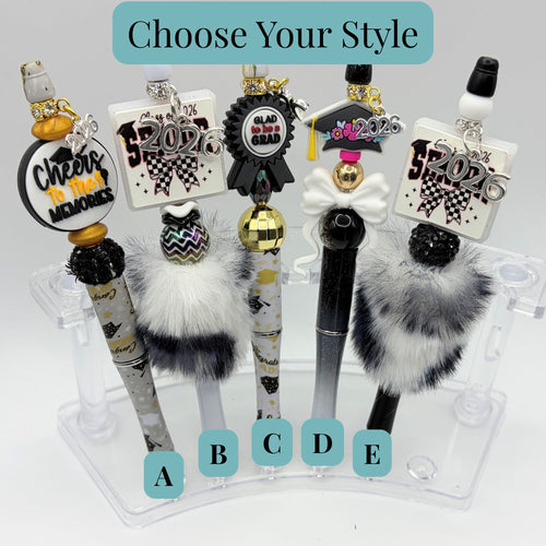 2026 Graduation Beaded Pens – Faux Fur Puff Pens – Choose Your Style A–E – Senior Gift Pens – Graduation Keepsake