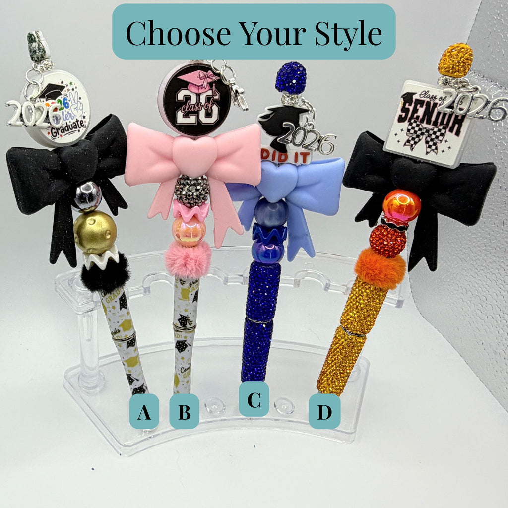 Class of 2026 Graduation Beaded Pens – Bow Graduation Pens – Handmade Senior & Kindergarten Graduation Gifts – Choose Your Style A–H