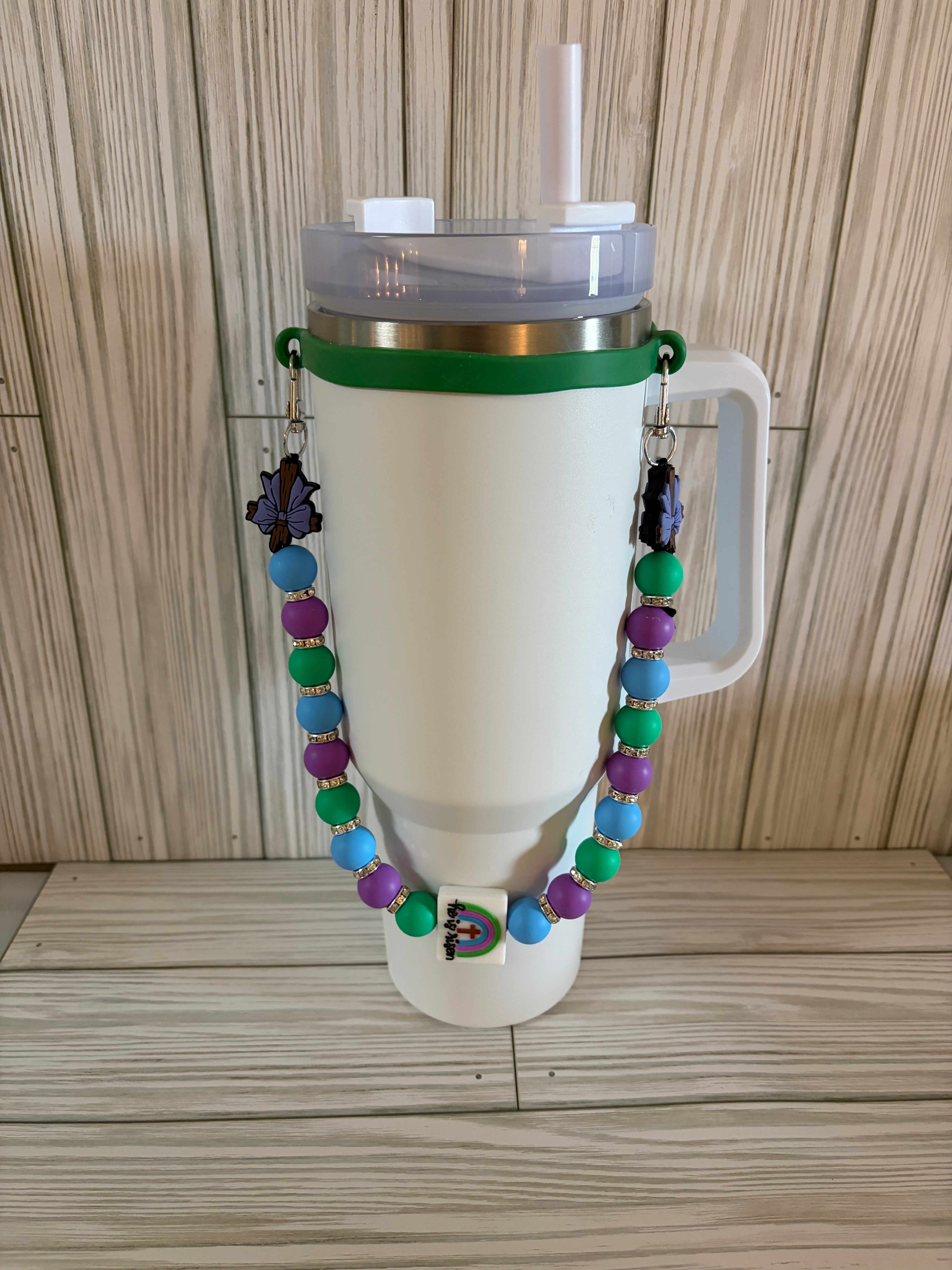 Faith Inspired Beaded Tumbler Handle | Handmade Cup Strap with Cross Charm | Fits 30–40 oz Tumblers | Optional Matching Straw Cap