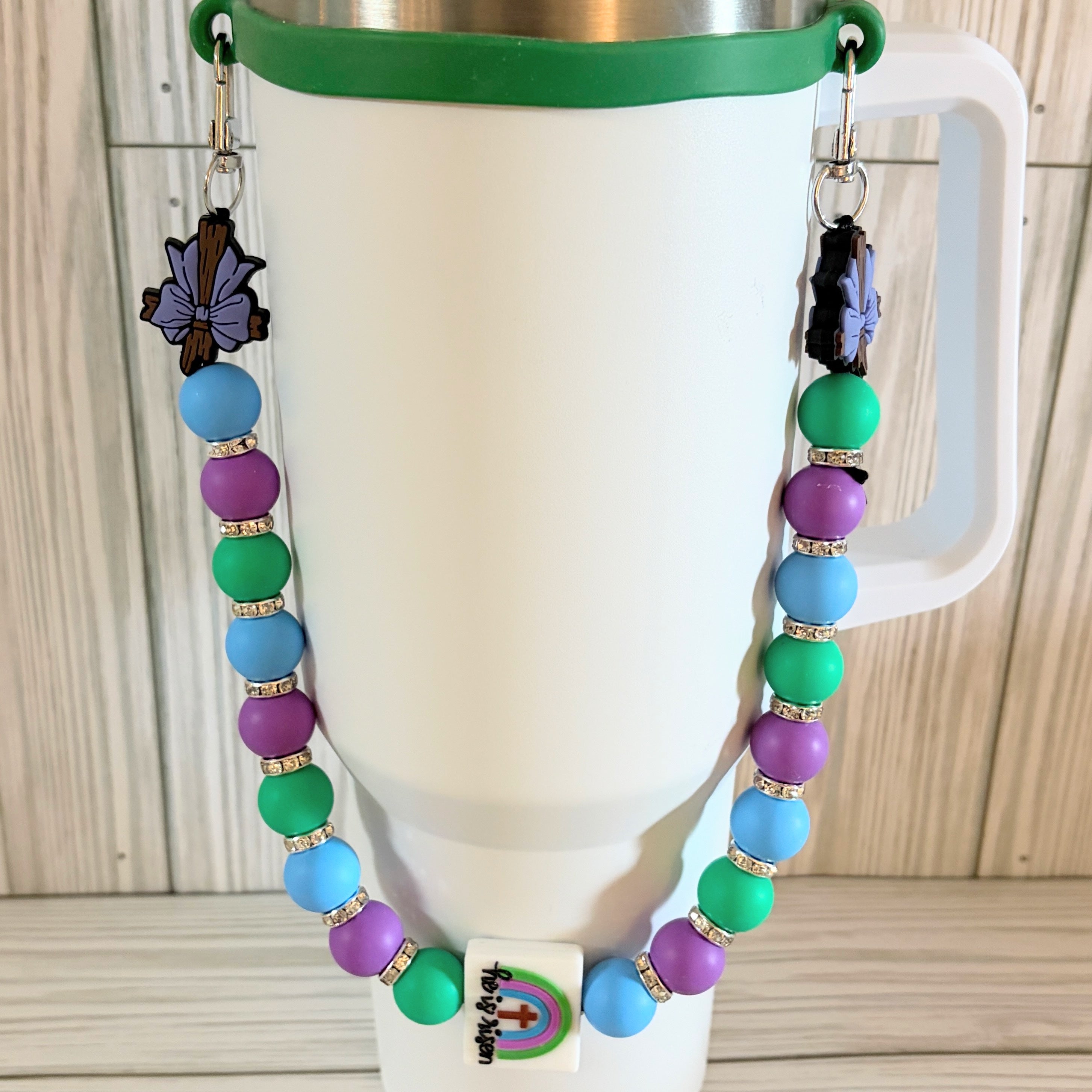Faith Inspired Beaded Tumbler Handle | Handmade Cup Strap with Cross Charm | Fits 30–40 oz Tumblers | Optional Matching Straw Cap