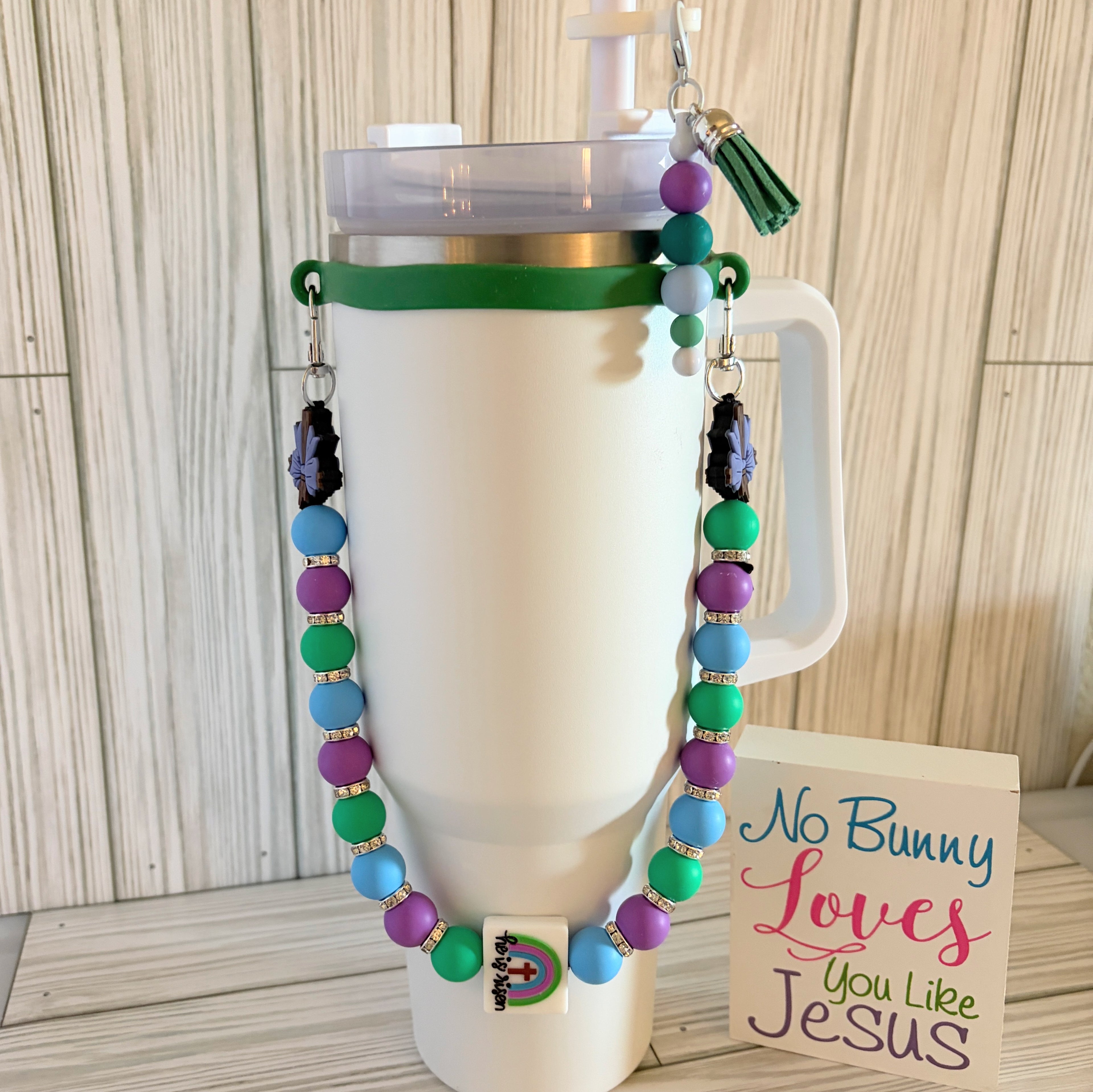 Faith Inspired Beaded Tumbler Handle | Handmade Cup Strap with Cross Charm | Fits 30–40 oz Tumblers | Optional Matching Straw Cap
