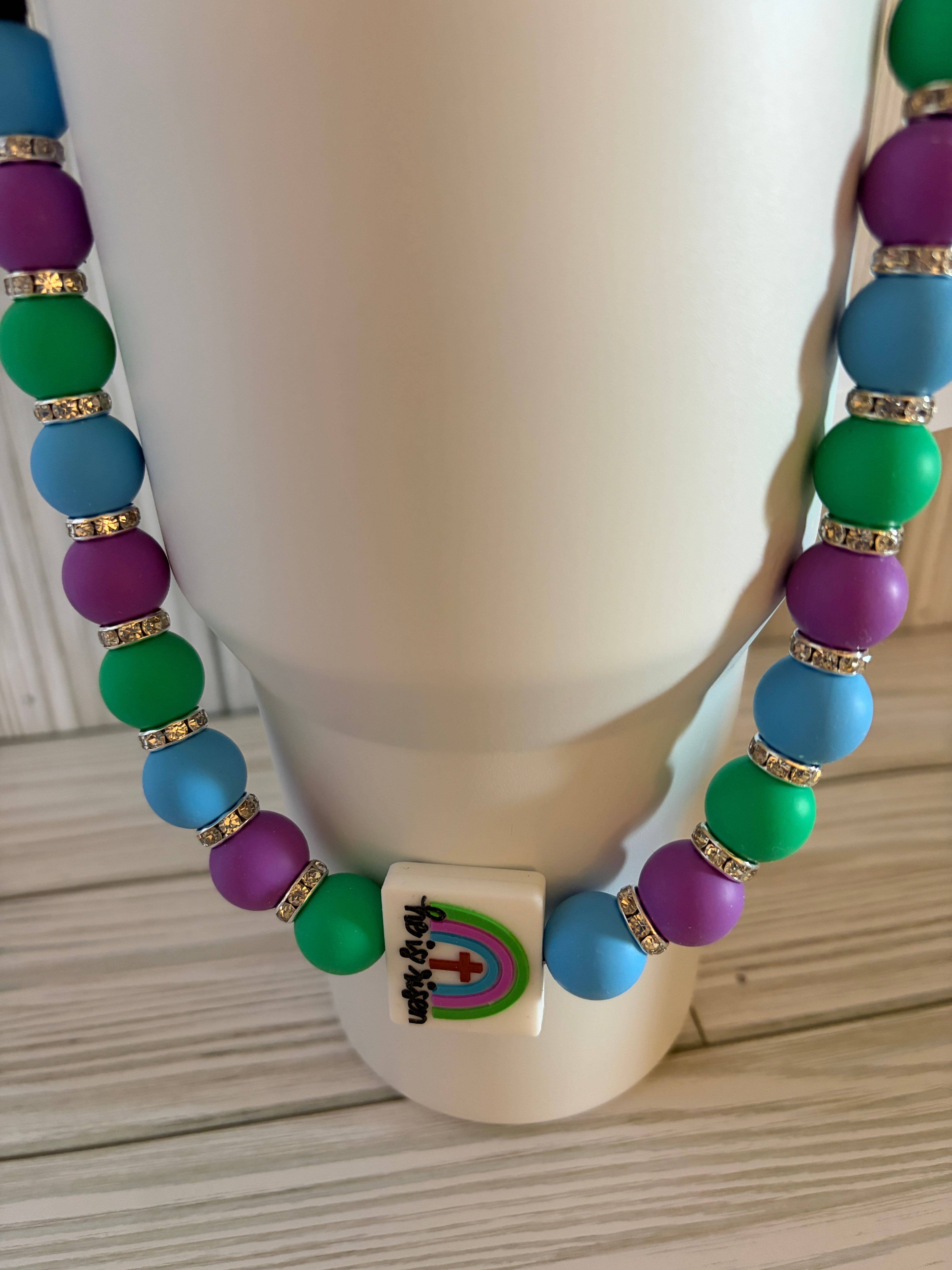 Faith Inspired Beaded Tumbler Handle | Handmade Cup Strap with Cross Charm | Fits 30–40 oz Tumblers | Optional Matching Straw Cap