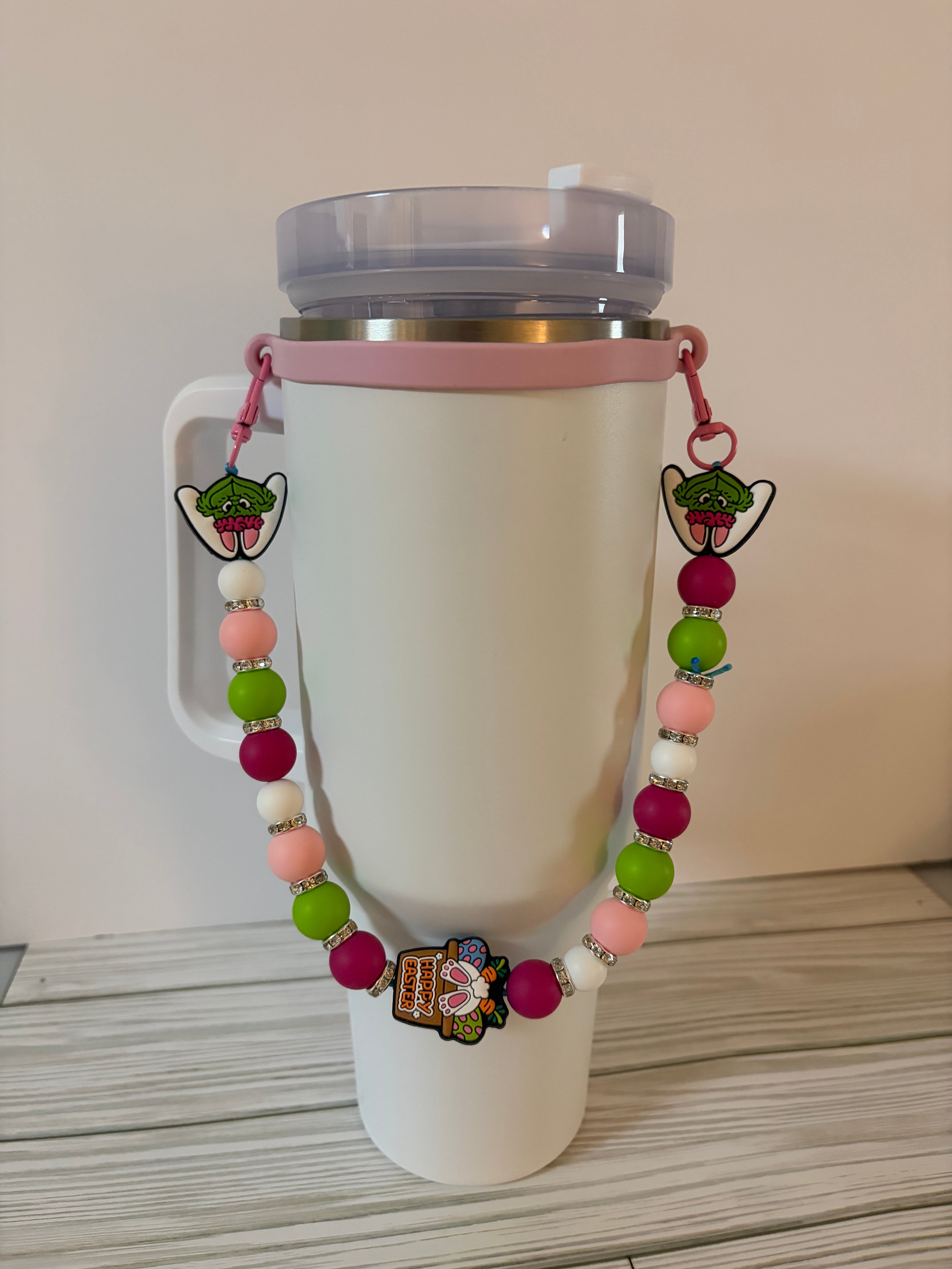 Happy Easter Beaded Tumbler Handle | Bunny & Carrot Design | Easter Cup Strap | Handmade | Optional Straw Cap
