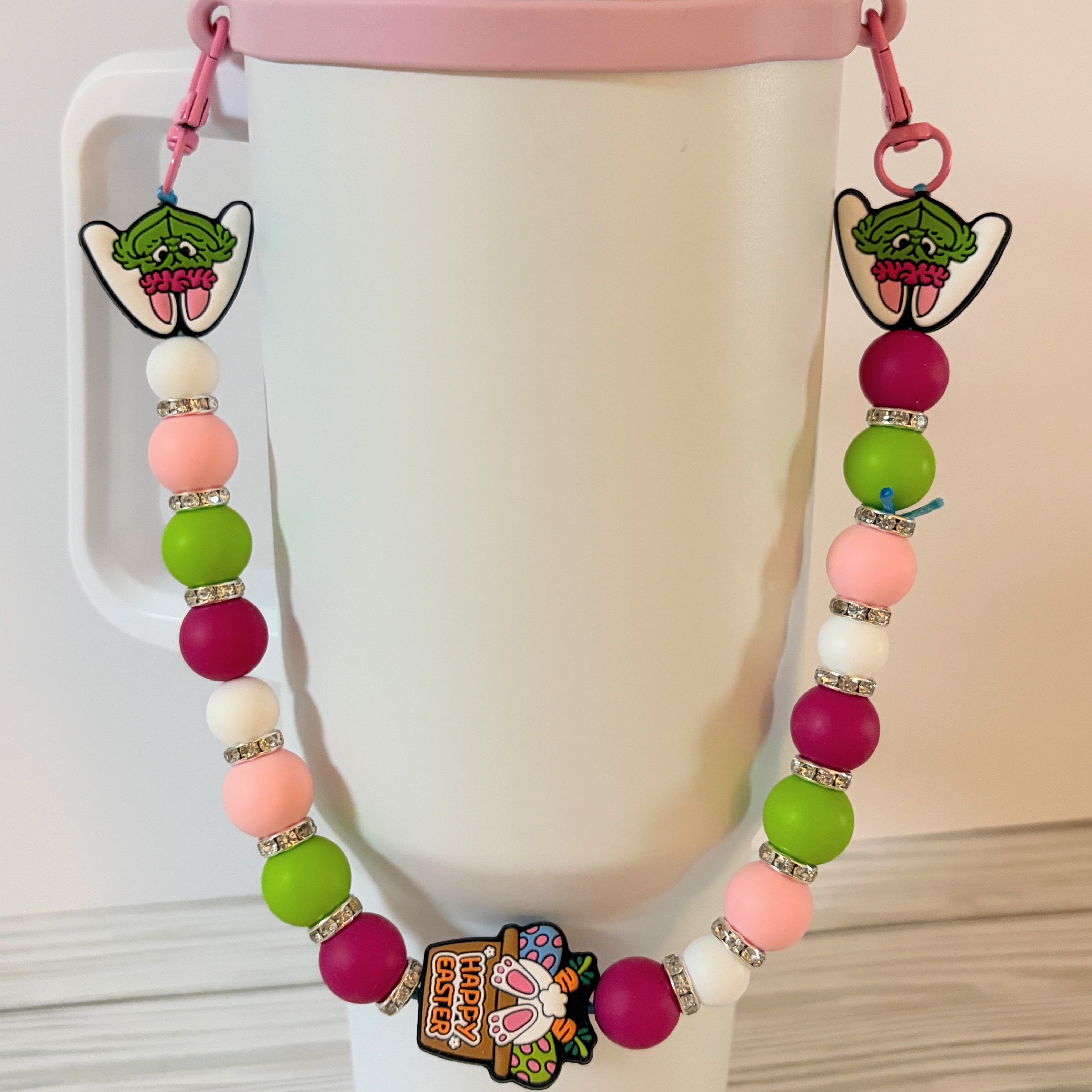 Happy Easter Beaded Tumbler Handle | Bunny & Carrot Design | Easter Cup Strap | Handmade | Optional Straw Cap