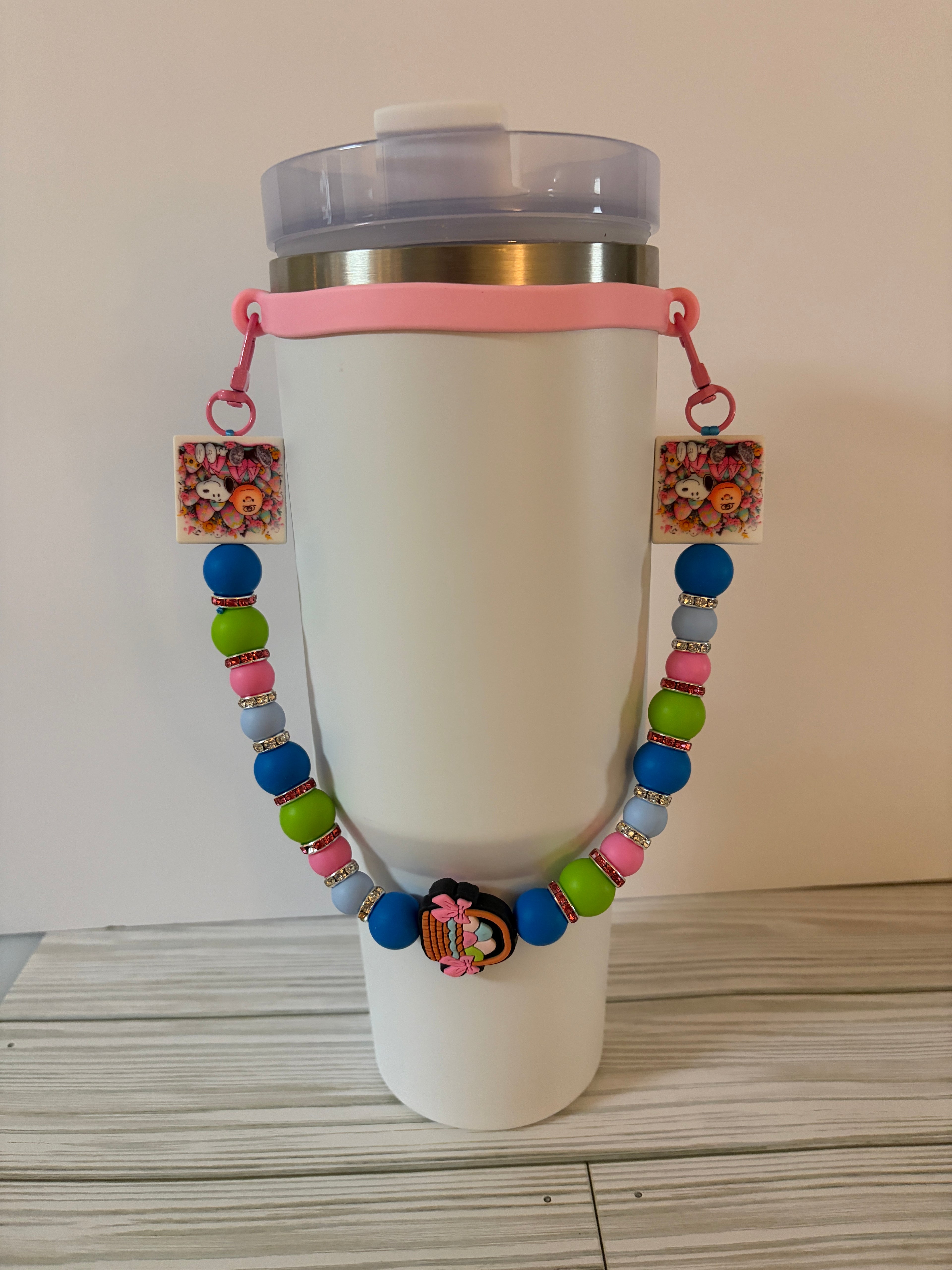 Cute Easter Beaded Tumbler Handle |Bunny & Basket Design | Colorful Spring Tumbler Strap | Handmade Gift | Optional Straw Cap
