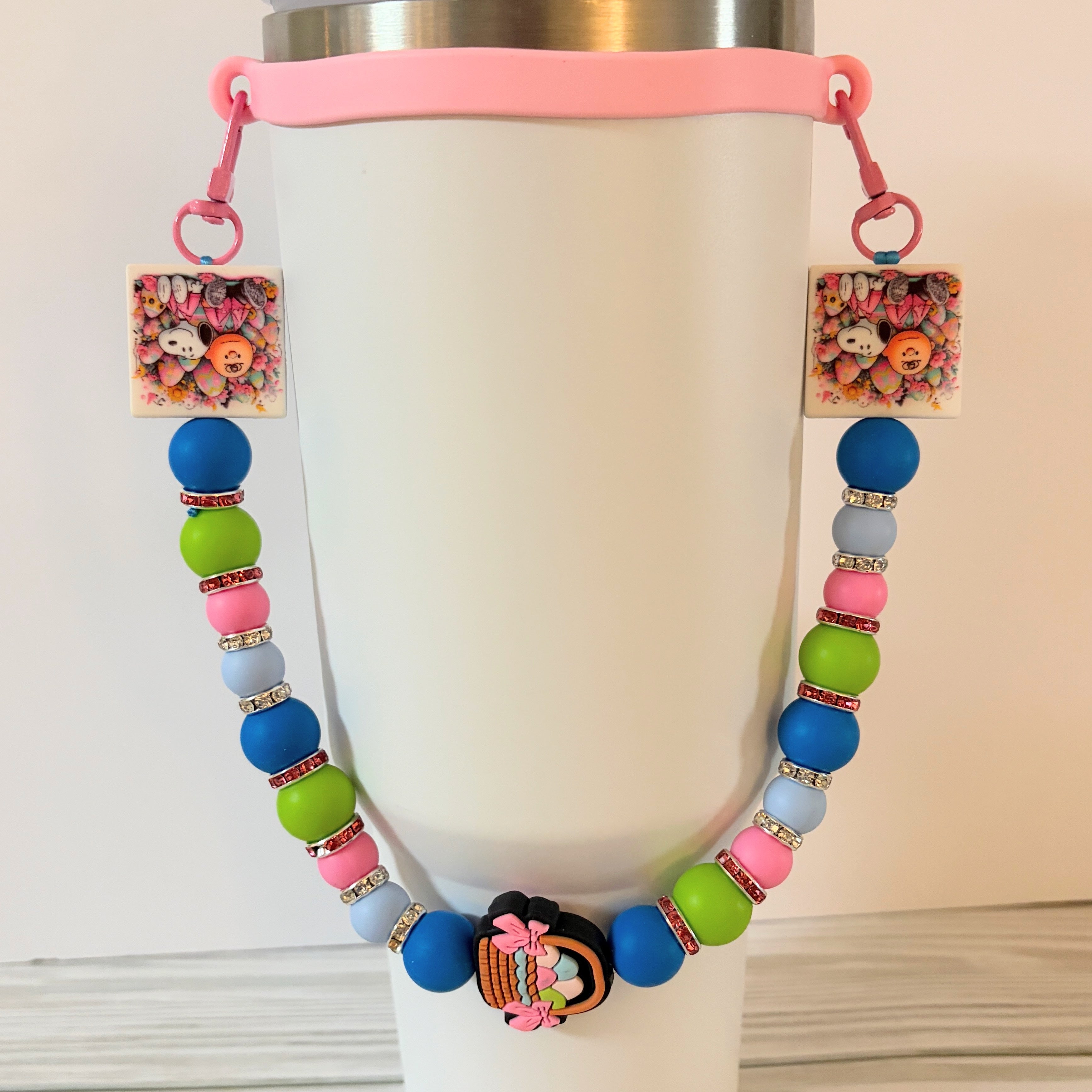 Cute Easter Beaded Tumbler Handle |Bunny & Basket Design | Colorful Spring Tumbler Strap | Handmade Gift | Optional Straw Cap