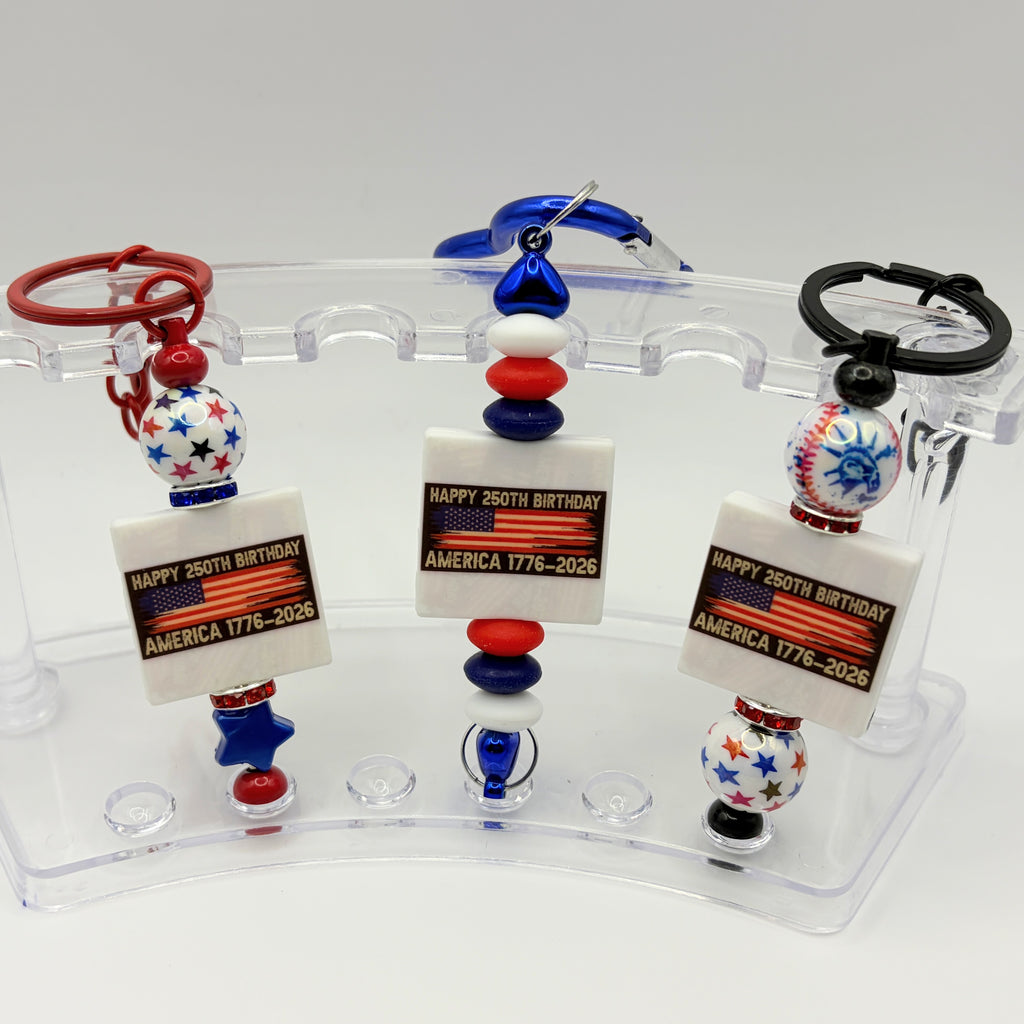 Patriotic Beaded Keychains – America 250th Birthday 1776–2026 | Red White Blue Keychains | Choose Your Style A–C