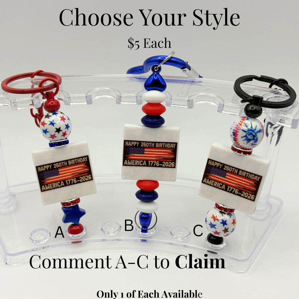 Patriotic Beaded Keychains – America 250th Birthday 1776–2026 | Red White Blue Keychains | Choose Your Style A–C