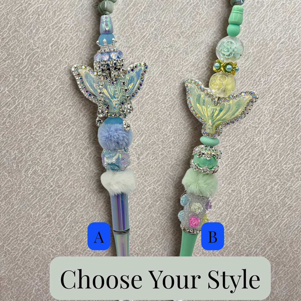 Mermaid Tail Beaded Pens – Coastal Glam Ocean Pens | Rhinestone Mermaid Pens | Choose Your Style A–B